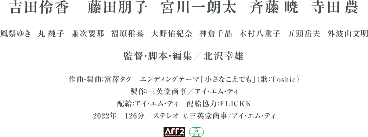 吉田伶香 藤田朋子 宮川一朗太 斉藤 暁 寺田 農 風祭ゆき 丸 純子 兼次要那 福原稚菜 大野佑紀奈 神倉千晶 木村八重子 五頭岳夫 外波山文明 監督・脚本・編集／北沢幸雄 作曲・編曲：富澤タク　エンディングテーマ「小さなこえでも」（歌：Toshie）製作：三英堂商事／アイ・エム・ティ 配給：アイ・エム・ティ　配給協力：FLICKK 2022年／126分／ステレオ ©三英堂商事/アイ・エム・ティ